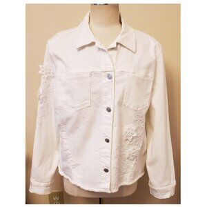 CHICO'S Floral Embroidered Denim Pantsuit 2ps Set Sz-Jacket-XL /Pants-18 White